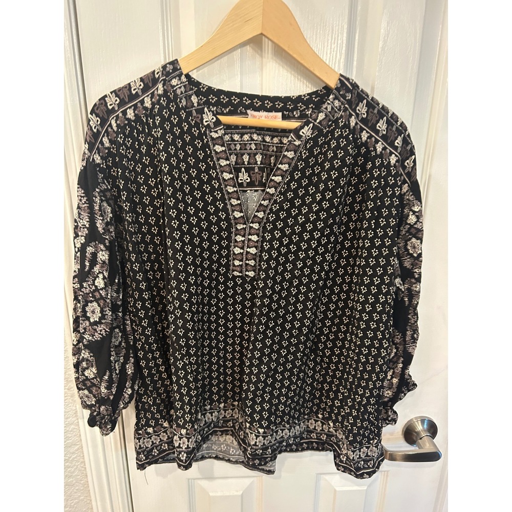 Knox Rose Blouse Black Mixed Print V-Neck Balloon Sleeve Boho Peasant Top XL